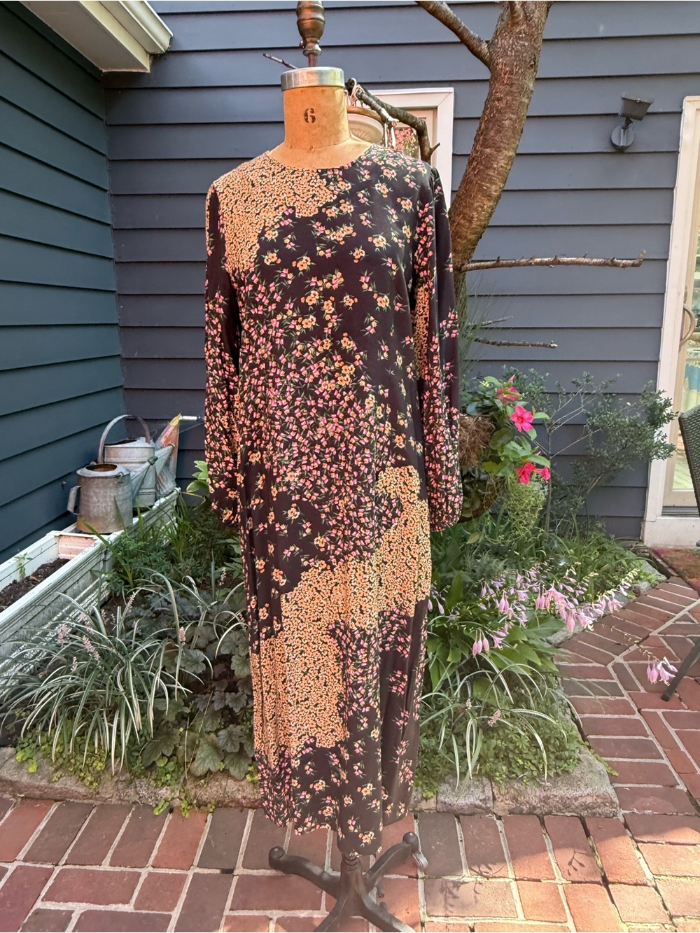 Anthropologie Black Floral Long-Sleeve Midi Dress